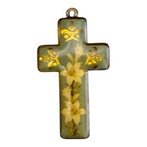 Vintage Hand painted Custom Resin Spiritual Pendant Keepsake Silver Back Cross